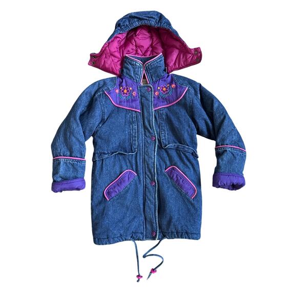 Vintage Other - Vintage 80s Girls Denim Embroidered Hooded Winter Jacket Size 8